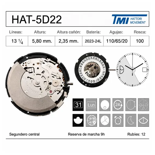Movimiento de pulsera mecánico automático Hattori 5D22