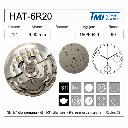 Movimiento de pulsera mecánico automático Hattori 6R20