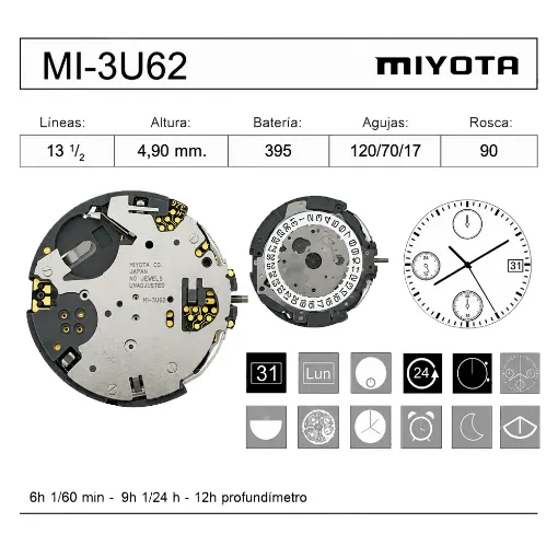 Movimiento de pulsera de cuarzo Miyota 3U62