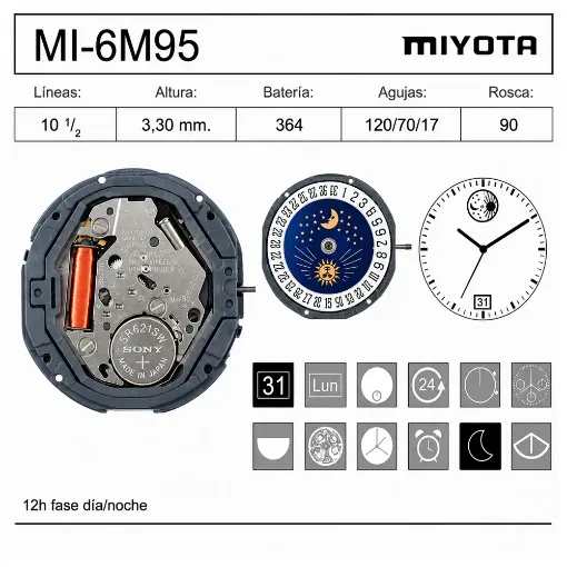 Movimiento de pulsera de cuarzo Miyota 6M95