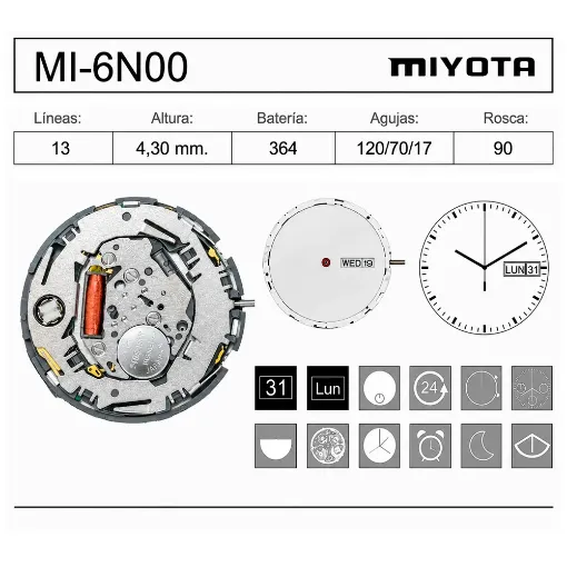 Movimiento de pulsera de cuarzo Miyota 6N00