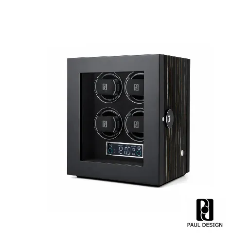 Watch Winder Paul Design Gentlemen 4 Negro con Líneas - Caja Rítmica Cuádruple de Madera