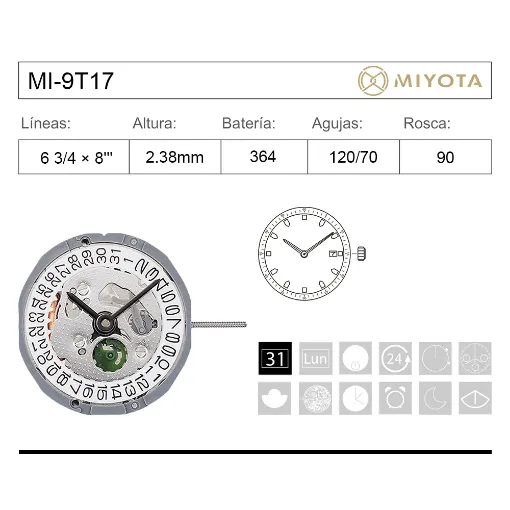 Movimiento de pulsera Miyota 9T17