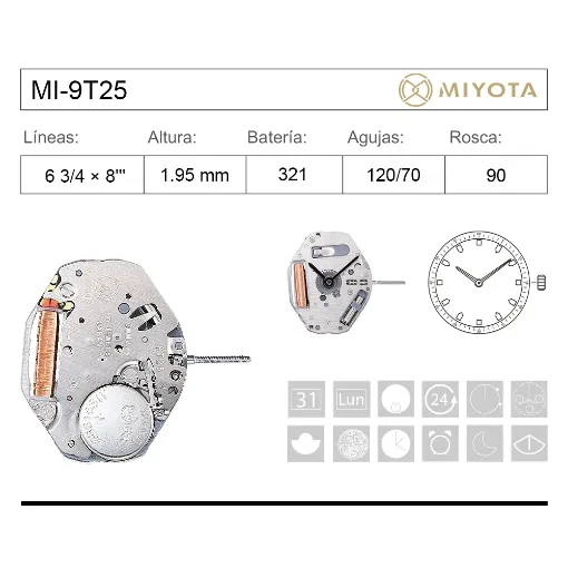 Movimiento de pulsera Miyota 9T25