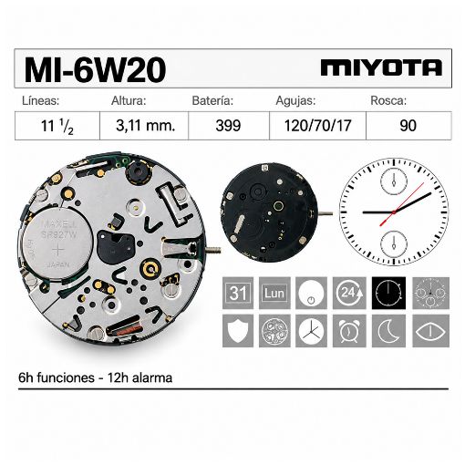 Movimiento de pulsera de cuarzo Miyota 6W20
