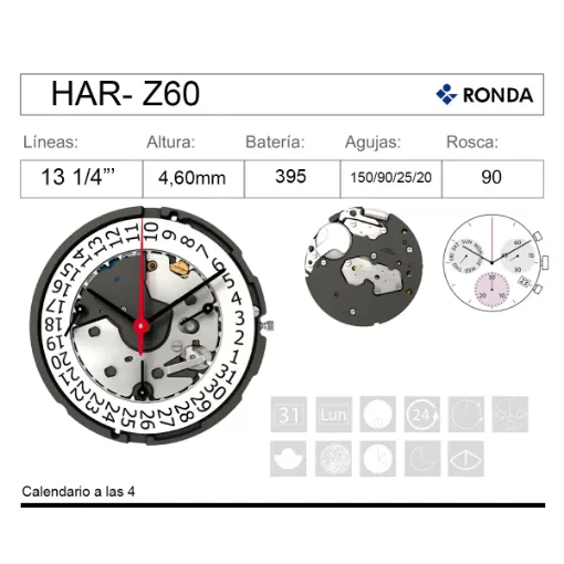 Movimiento de pulsera de cuarzo RONDA Z60